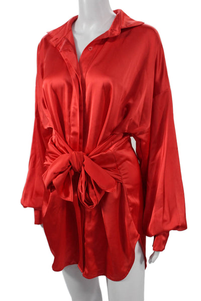 Nonchalant Label Women Red Collared Long Sleeve Shirt Dress Size S