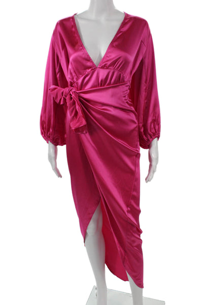 Nonchalant Label Womens Wrap Dress Pink Long Sleeve V-Neck Mid-Calf Size M