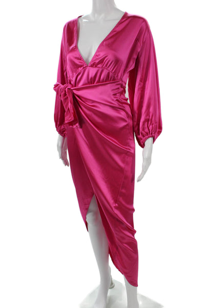 Nonchalant Label Womens Wrap Dress Pink Long Sleeve V-Neck Mid-Calf Size M