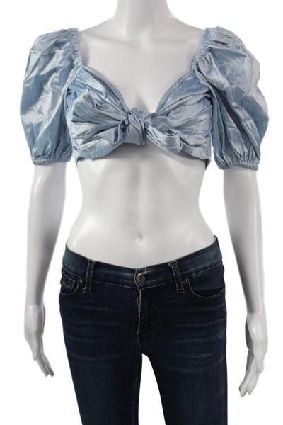 Nonchalant Label Womens Cropped Silk Blouse Blue Sweetheart Short Sleeve Size L