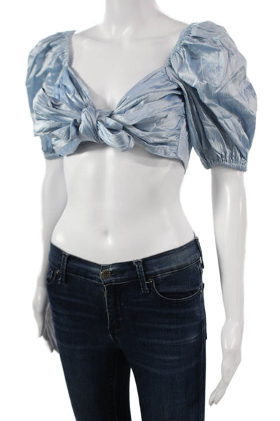 Nonchalant Label Womens Cropped Silk Blouse Blue Sweetheart Short Sleeve Size L
