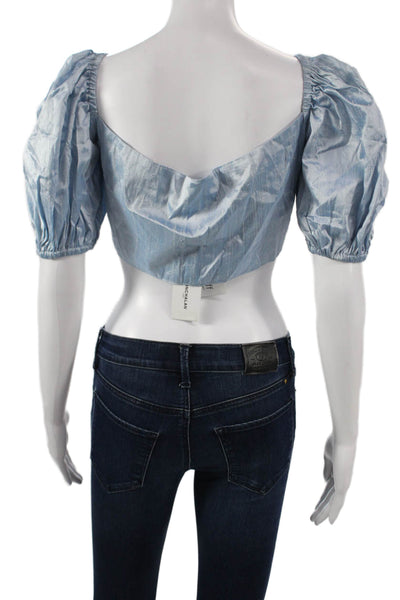 Nonchalant Label Womens Cropped Silk Blouse Blue Sweetheart Short Sleeve Size L