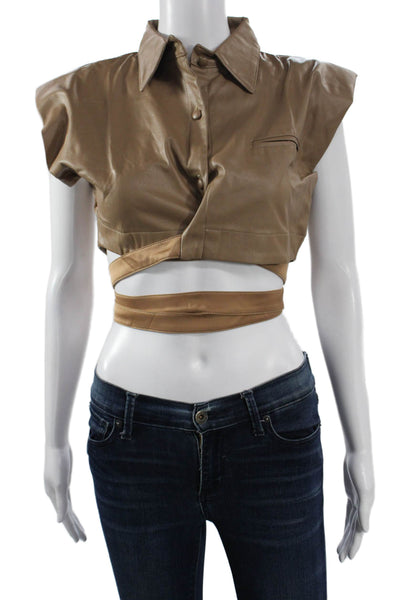 Nonchalant Label Women Cropped Button-Up Sleeveless Collared Beige Top Size XS