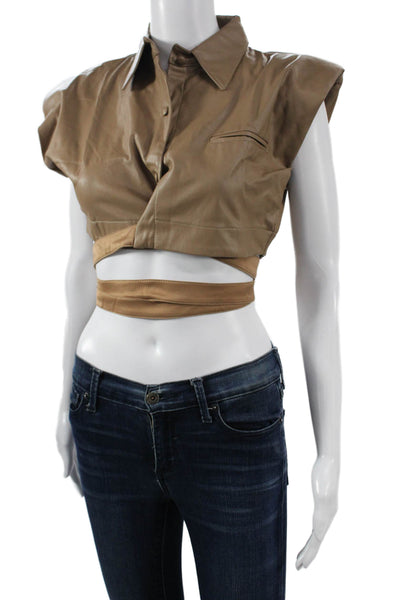 Nonchalant Label Women Cropped Button-Up Sleeveless Collared Beige Top Size XS