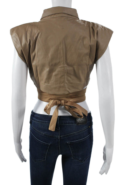 Nonchalant Label Women Cropped Button-Up Sleeveless Collared Beige Top Size XS