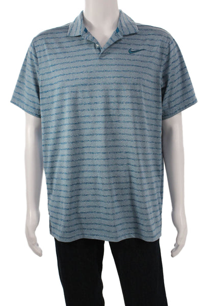 Nike Mens Striped Short Sleeve Collared Button-Up Polo Shirt Blue Size L
