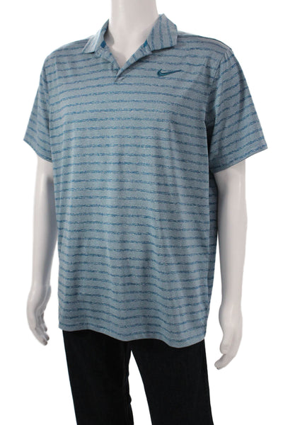 Nike Mens Striped Short Sleeve Collared Button-Up Polo Shirt Blue Size L