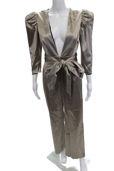 Nonchalant Label Womens Beige V-Neck 3/4 Sleeve Jumpsuit Tie Waist Size XS