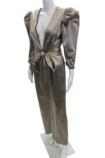 Nonchalant Label Womens Beige V-Neck 3/4 Sleeve Jumpsuit Tie Waist Size XS