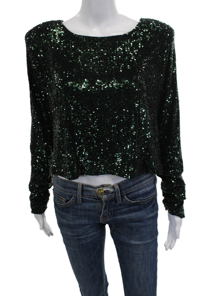 Nonchalant Label Women Cropped Long Sleeve Scoop Neck Green Blouse Size S