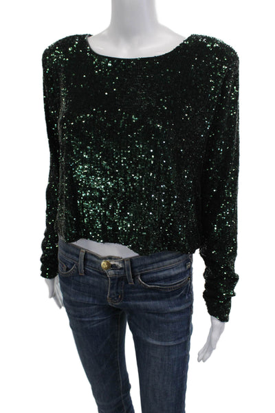 Nonchalant Label Women Cropped Long Sleeve Scoop Neck Green Blouse Size S