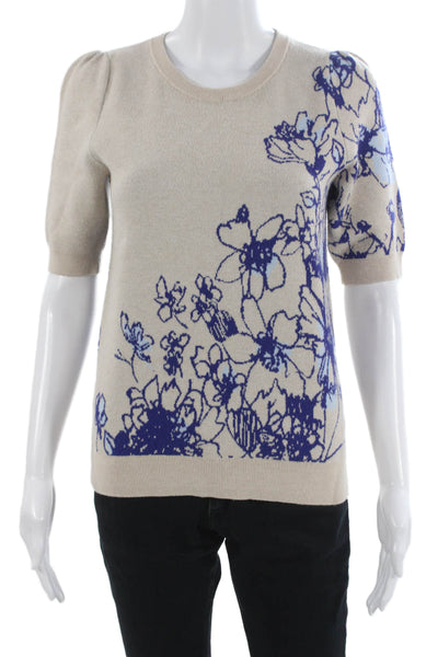 Maeve Anthropologie Women Beige Floral Crewneck Short Sleeve Pullover Size S