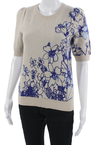 Maeve Anthropologie Women Beige Floral Crewneck Short Sleeve Pullover Size S