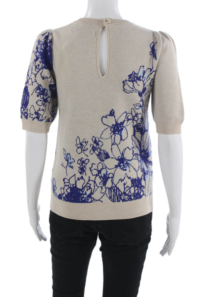 Maeve Anthropologie Women Beige Floral Crewneck Short Sleeve Pullover Size S