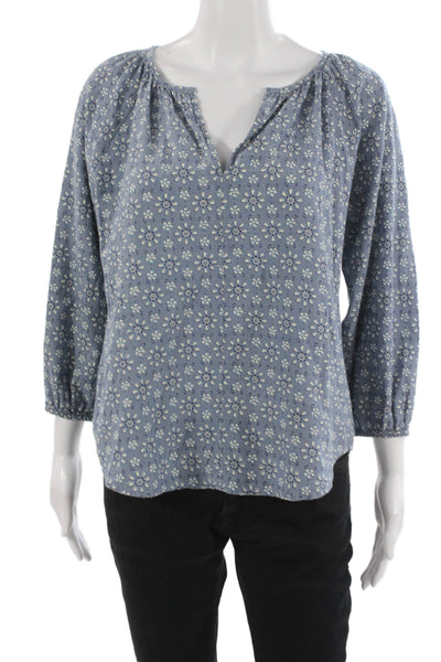 Roller Rabbit Women Tunic Blouse V-Neck Floral Blue 3/4 Sleeve Cotton Size S