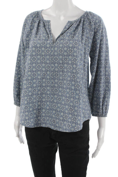 Roller Rabbit Women Tunic Blouse V-Neck Floral Blue 3/4 Sleeve Cotton Size S