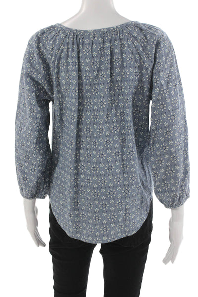 Roller Rabbit Women Tunic Blouse V-Neck Floral Blue 3/4 Sleeve Cotton Size S