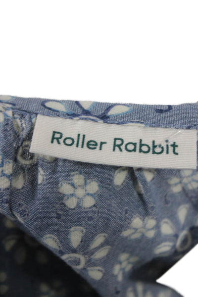Roller Rabbit Women Tunic Blouse V-Neck Floral Blue 3/4 Sleeve Cotton Size S