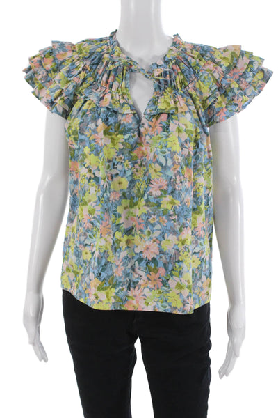 Buddy Love Women Multicolor Floral V-Neck Tie Short Sleeve Cotton Blouse Size S