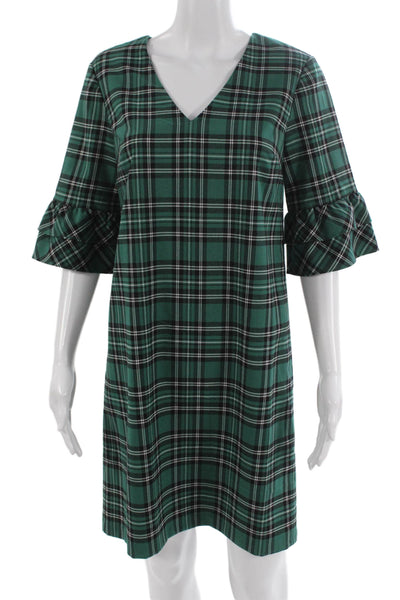 Draper James Women Shift Dress Green V-Neck 3/4 Sleeve Above Knee Zip Size 4