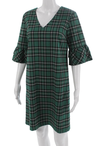 Draper James Women Shift Dress Green V-Neck 3/4 Sleeve Above Knee Zip Size 4