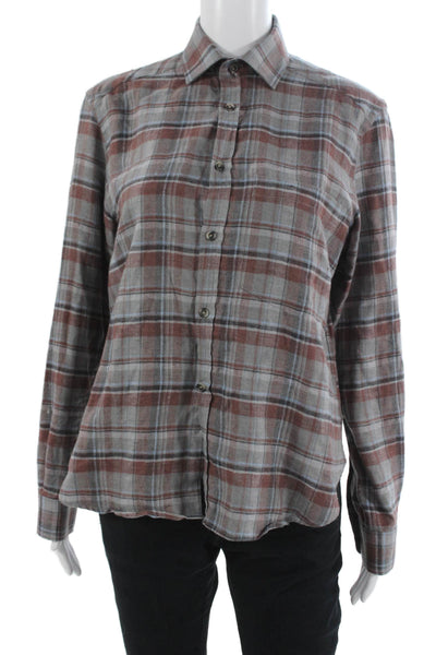 WNU Womens Basic Linen Plaid Button-Up Long Sleeve Collared Shirt Size 6
