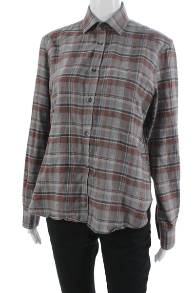 WNU Womens Basic Linen Plaid Button-Up Long Sleeve Collared Shirt Size 6