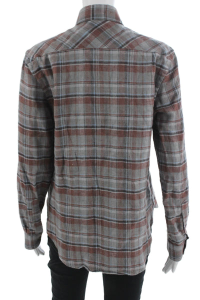 WNU Womens Basic Linen Plaid Button-Up Long Sleeve Collared Shirt Size 6