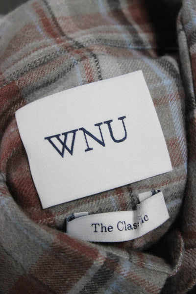 WNU Womens Basic Linen Plaid Button-Up Long Sleeve Collared Shirt Size 6