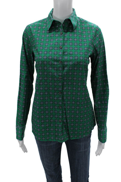 Lands End Women Button-Up Collared Green Geometric Long Sleeve Cotton Size 2