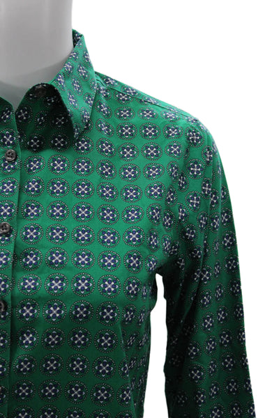 Lands End Women Button-Up Collared Green Geometric Long Sleeve Cotton Size 2