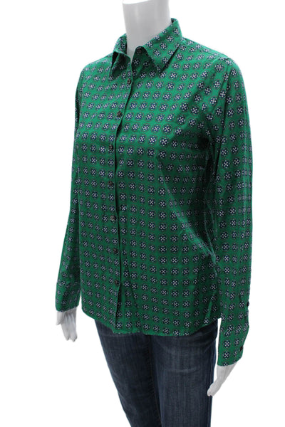 Lands End Women Button-Up Collared Green Geometric Long Sleeve Cotton Size 2
