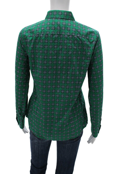 Lands End Women Button-Up Collared Green Geometric Long Sleeve Cotton Size 2