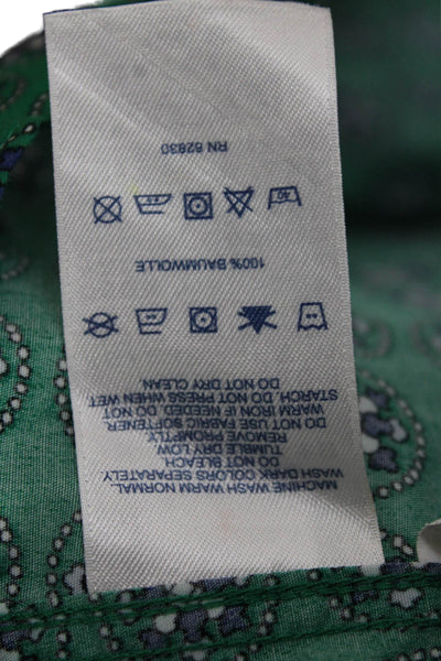 Lands End Women Button-Up Collared Green Geometric Long Sleeve Cotton Size 2