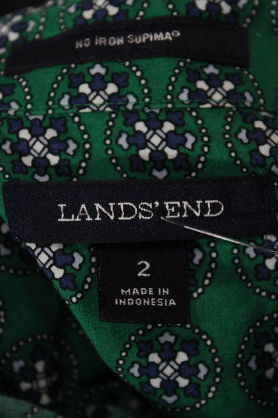 Lands End Women Button-Up Collared Green Geometric Long Sleeve Cotton Size 2