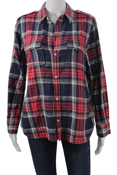 TNA Women Red Plaid Cotton Collared Basic Button-Up Long Sleeve Top Size 2XS