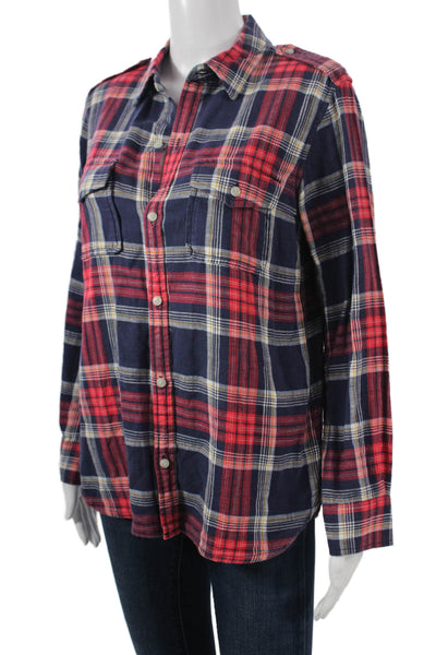 TNA Women Red Plaid Cotton Collared Basic Button-Up Long Sleeve Top Size 2XS