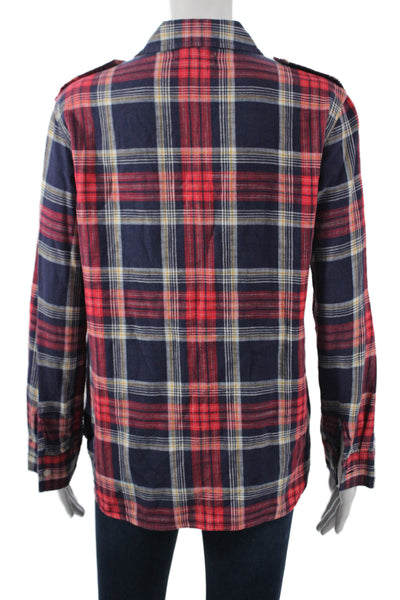 TNA Women Red Plaid Cotton Collared Basic Button-Up Long Sleeve Top Size 2XS