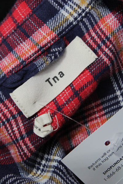 TNA Women Red Plaid Cotton Collared Basic Button-Up Long Sleeve Top Size 2XS