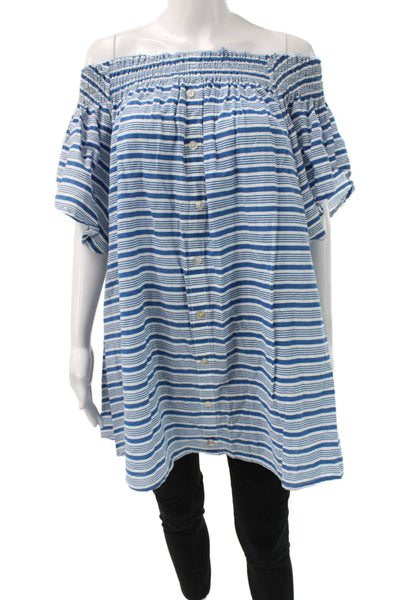 Faithfull Women Tunic Blouse Off Shoulder Striped Cotton Blue Size 6