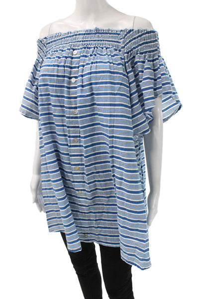 Faithfull Women Tunic Blouse Off Shoulder Striped Cotton Blue Size 6