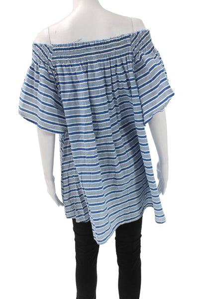 Faithfull Women Tunic Blouse Off Shoulder Striped Cotton Blue Size 6
