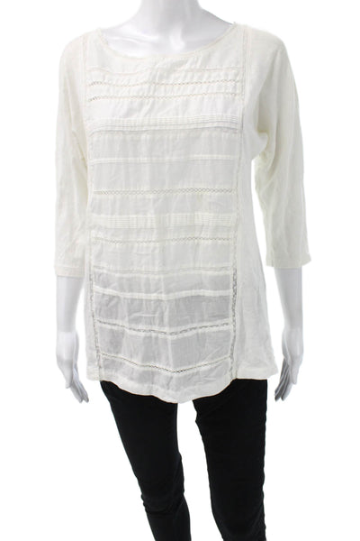 J Crew Women Tunic Blouse White Cotton 3/4 Sleeve Round Neck Size M