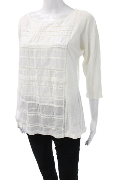 J Crew Women Tunic Blouse White Cotton 3/4 Sleeve Round Neck Size M