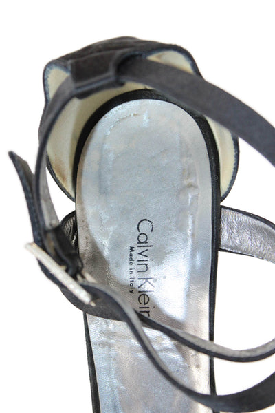 Calvin Klein Womens Leather Ankle Strap Block Heels Shoes Black Size 10M