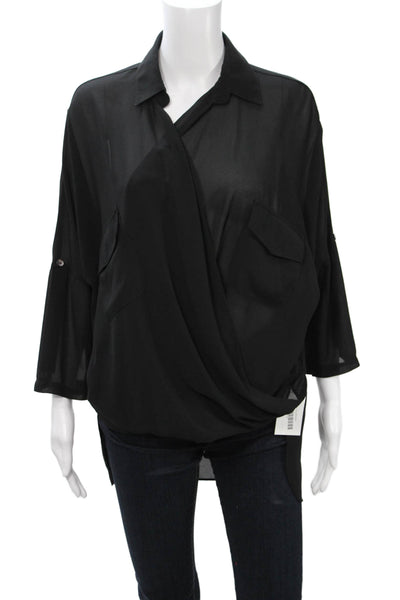 San Joy Women Tunic Blouse Black Collared 3/4 Sleeve Polyester Pullover Size M