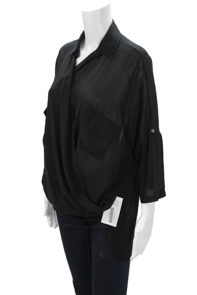 San Joy Women Tunic Blouse Black Collared 3/4 Sleeve Polyester Pullover Size M