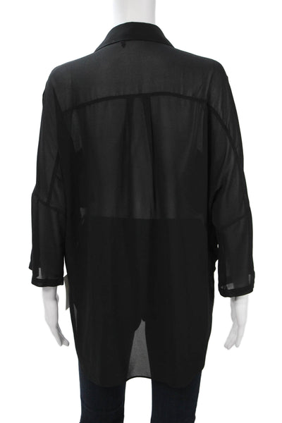 San Joy Women Tunic Blouse Black Collared 3/4 Sleeve Polyester Pullover Size M