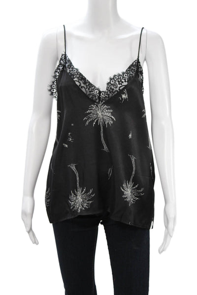 One Teaspoon Women Black Palm Tree V-Neck Tank Viscose Summer Size M