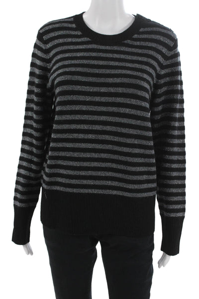 Equipment Femme Women Black Wool Blend Striped Crew Neck Sweater Size M